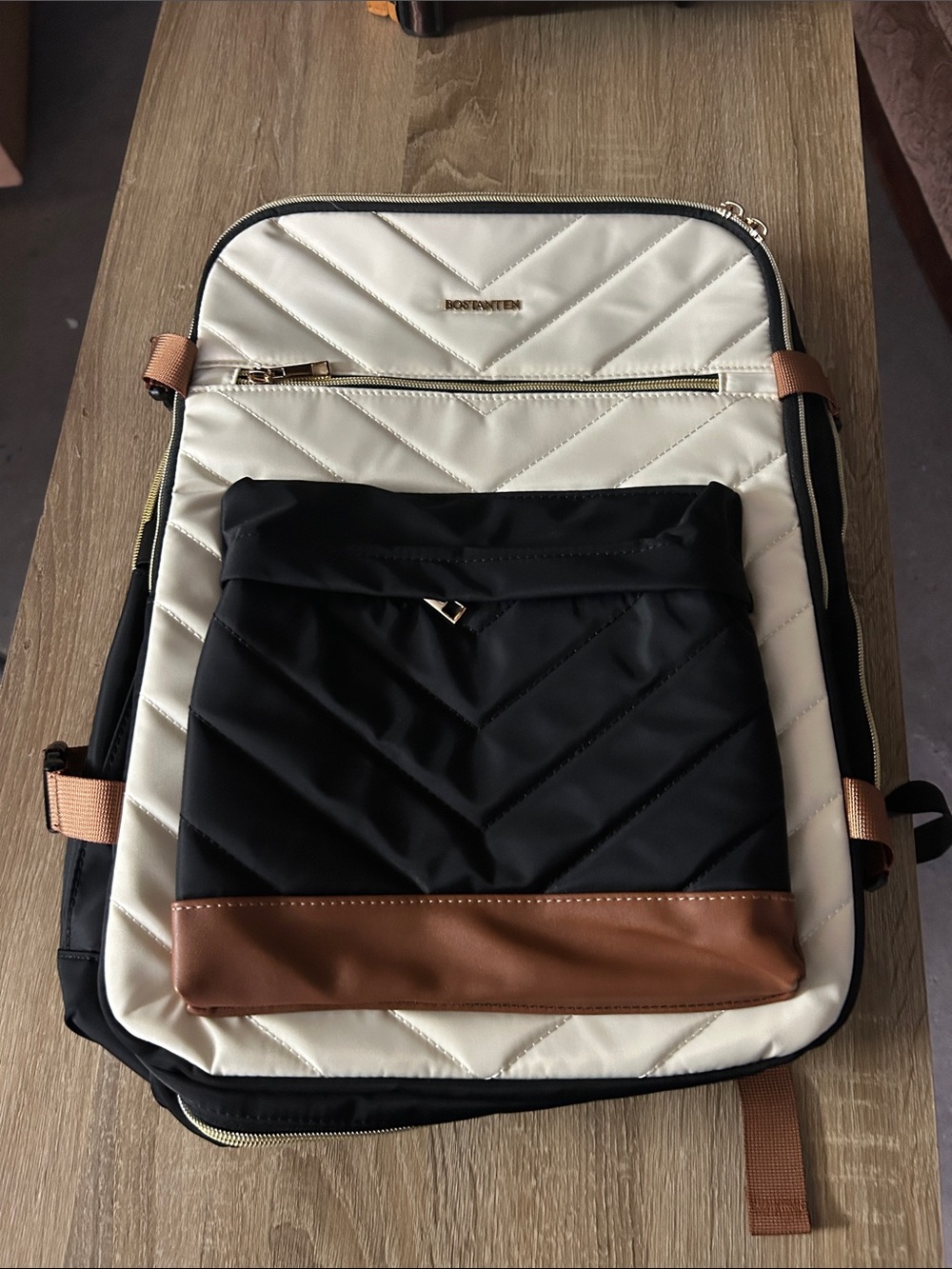 Quilted Cream & Black Backpack with Brown Accents